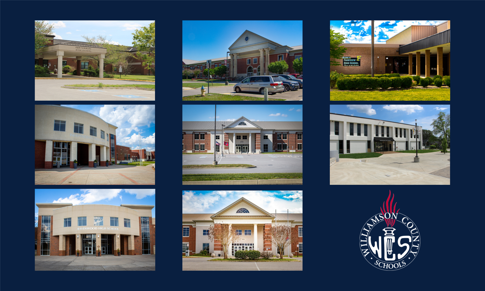 School exteriors and WCS logo